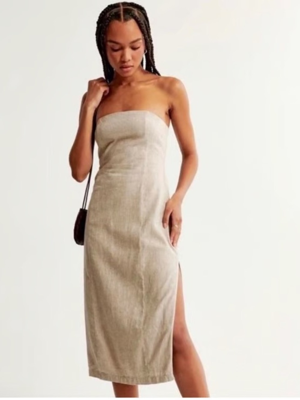 Abercrombie & Fitch Strapless Linen-Blend Midi Dress in Beige
